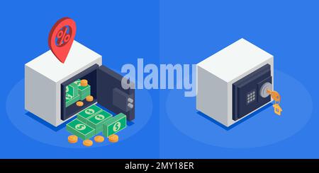 Prestito bancario ipoteca credito composizione isometrica con due casseforti metalliche con denaro e chiave isolato su sfondo blu 3D vettore illustrazione Illustrazione Vettoriale