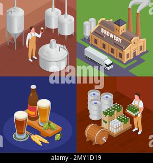 Birreria attrezzature per la costruzione di bicchieri e bottiglie di birra isometrica 2x2 concetto di design isolato 3D illustrazione vettoriale Illustrazione Vettoriale