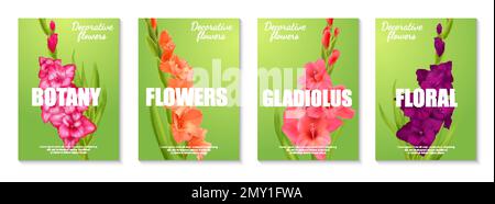 Poster verticale con fiori di gladiolo realistici di diversi colori su sfondo verde isolato illustrazione vettoriale Illustrazione Vettoriale