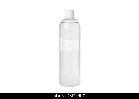 Toner idratante, siero, acqua micellare isolata su sfondo bianco. Bottiglie cosmetiche trasparenti. Con dispenser Foto Stock