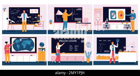 Insegnanti di scuola maschile e femminile di astronomia matematica biologia geografia inglese e chimica a lavagna piatta colore set isolato illustrazione vettoriale Illustrazione Vettoriale