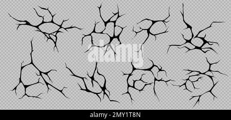 Crepe al suolo realistiche Set di immagini di fratture nere con rami di forma diversa su illustrazione vettoriale di sfondo trasparente Illustrazione Vettoriale