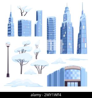 Ghiaccio neve moderna città set con icone isolate di grattacieli cicliche alberi innevati e lampada post vettore illustrazione Illustrazione Vettoriale