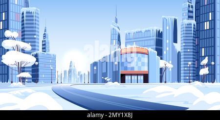 Neve ghiacciata moderna composizione cittadina con vista invernale dell'area urbana coperta di neve e ghiaccio vettore illustrazione Illustrazione Vettoriale