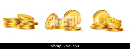 Monete d'oro realistiche Set di composizioni isolate con pile e pile di centesimi su sfondo bianco illustrazione vettoriale Illustrazione Vettoriale