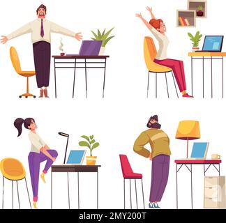Sul posto di lavoro le icone dei cartoni animati sono impostate con le persone che esercitano fisicamente l'illustrazione del vettore isolato Illustrazione Vettoriale