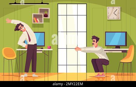 Workplace allunga cartoni animati poster con i maschi che hanno esercizi in ufficio illustrazione vettoriale Illustrazione Vettoriale
