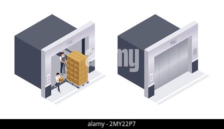 Elevatore di carico con porte scorrevoli larghe automatiche aperte e chiuse, set isometrico, illustrazione vettoriale isolata Illustrazione Vettoriale