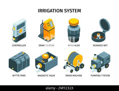 Icone isometriche degli impianti di irrigazione con didascalia, incluso controller macchina a tamburo stazione di pompaggio sprinkler isolato, illustrazione vettoriale Illustrazione Vettoriale