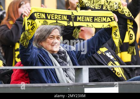 DORTMUND, GERMANIA - 4 FEBBRAIO: Tifosi di Borussia Dordmund durante la partita della Bundesliga tra Borussia Dortmund e SC Freiburg al Signal Iduna Park il 4 febbraio 2023 a Dortmund, Germania (Foto di Marcel ter Bals/Orange Pictures) Foto Stock