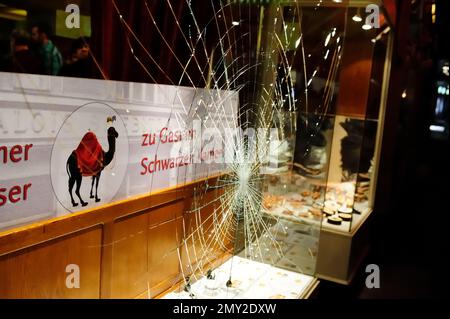 Vienna, Austria. Gennaio 24, 2014. Durante le manifestazioni contro la palla accademica nella Hofburg di Vienna ci sono stati rivolte e danni alla proprietà Foto Stock