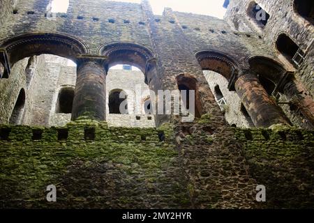 All'interno delle rovine del castello di Rochester, guardando la struttura in pietra di Rochester Kent, Inghilterra, Regno Unito Foto Stock