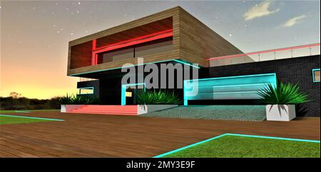 Design di illuminazione del garage e portico della moderna casa suburbana di notte. Terrazza ecologica come pavimento. Moderno balcone abov Foto Stock