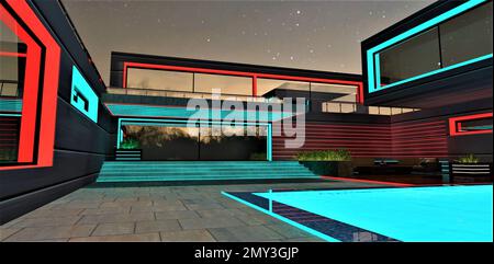 Design elegante del portico con scalini turchesi scintillanti fino alla piscina illuminata e zona relax di notte. Porta d'ingresso in vetro a specchio. 3d rende Foto Stock