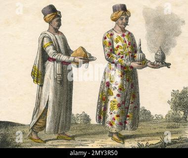 Costumi della Turchia europea: Camerieri, illustrazione a colori, 1800s Foto Stock