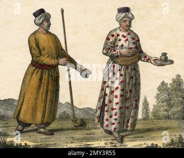 Costumi della Turchia europea: Camerieri, illustrazione a colori, 1800s Foto Stock