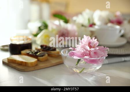 Bella peonia rosa in ciotola di vetro sul banco della cucina Foto Stock