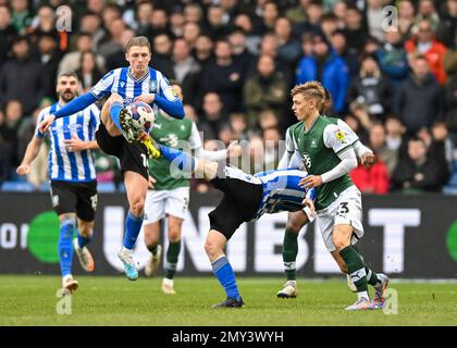 Sheffield Mercoledì centrocampista Barry Bannan (10) battaglie per la palla con Plymouth Argyle avanti ben Waine (23) durante la partita Sky Bet League 1 Sheffield Mercoledì vs Plymouth Argyle a Hillsborough, Sheffield, Regno Unito, 4th febbraio 2023 (Foto di Stanley Kasala/News Images) Foto Stock