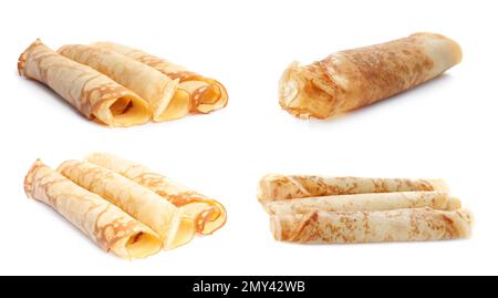 Set di gustosi pancake sottili su sfondo bianco. Design del banner Foto Stock