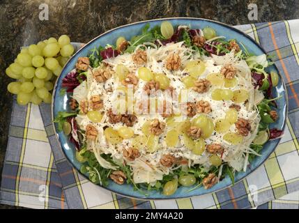 Insalata di Waldorf servita sulla ciotola con uva e noci. Foto Stock