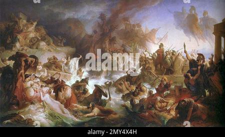 La Battaglia di Salamis. Pittura della battaglia tra gli stati greci e i persiani nel 480 a.C. La Battaglia di mare a Salamis di Wilhelm von Kaulbac, olio su tela, 1868 Foto Stock