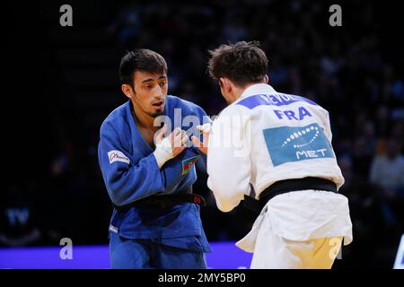 Balabay Aghayev (AZE) ha vinto la medaglia d'oro nella categoria Men  60kg contro Cedric Revol (fra) (Etoile SP de Blanc Mesnil Judo), che ha gareggiato nella categoria Men -60kg durante l'International Judo Paris Grand Slam 2023 (IJF) il 4 febbraio 2023 all'Accor Arena di Parigi, Francia - Foto Stephane Allaman / DPPI Foto Stock