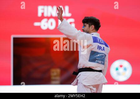 Balabay Aghayev (AZE) ha vinto la medaglia d'oro nella categoria Men  60kg contro Cedric Revol (fra) (Etoile SP de Blanc Mesnil Judo), che ha gareggiato nella categoria Men -60kg durante l'International Judo Paris Grand Slam 2023 (IJF) il 4 febbraio 2023 all'Accor Arena di Parigi, Francia - Foto Stephane Allaman / DPPI Foto Stock