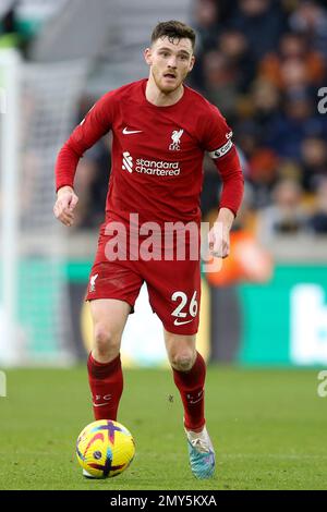 Wolverhampton, Regno Unito. 04th Feb, 2023. Andrew Robertson di Liverpool in azione. Incontro della Premier League, Wolverhampton Wanderers/Liverpool allo stadio Molineux di Wolverhampton, Inghilterra, sabato 4th febbraio 2023. Questa immagine può essere utilizzata solo per scopi editoriali. Solo per uso editoriale, licenza richiesta per uso commerciale. Non è utilizzabile nelle scommesse, nei giochi o nelle pubblicazioni di un singolo club/campionato/giocatore. pic di Chris Stading/Andrew Orchard sports photography/Alamy Live news Credit: Andrew Orchard sports photography/Alamy Live News Foto Stock