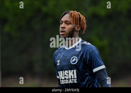 Swansea, Galles. 4 febbraio 2023. Laquay Coleman di Millwall durante il gioco della Professional Development League tra Swansea City Under 18 e Millwall Under 18 alla Swansea City Academy di Swansea, Galles, Regno Unito, il 4 febbraio 2023. Credit: Duncan Thomas/Majestic Media. Foto Stock