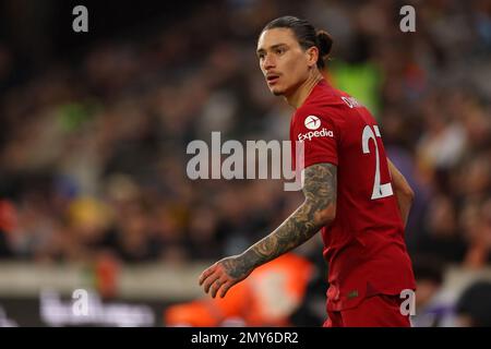 4th febbraio 2023; Molineux Stadium, Wolverhampton, West Midlands, Inghilterra; Premier League Football, Wolverhampton Wanderers contro Liverpool; Darwin Nunez di Liverpool Foto Stock