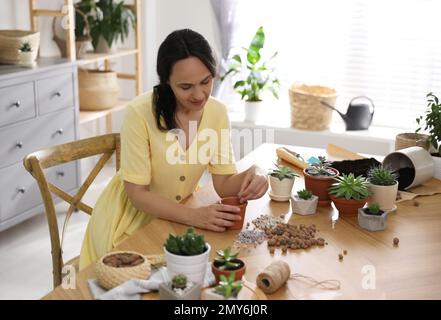 Donna matura impianto di invasatura a casa. Hobby coinvolgente Foto Stock