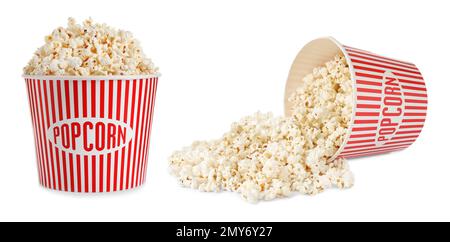 Collage con gustosi popcorn su sfondo bianco Foto Stock