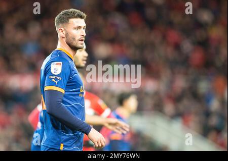 Middlesbrough, Regno Unito. 4th Feb 2023. Gary Madine di Blackpool durante la partita del campionato Sky Bet tra Middlesbrough e Blackpool al Riverside Stadium di Middlesbrough sabato 4th febbraio 2023. (Foto: Trevor Wilkinson | NOTIZIE MI) Credit: NOTIZIE MI & Sport /Alamy Live News Foto Stock