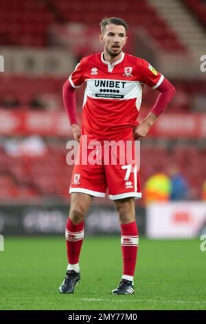 Middlesbrough, Regno Unito. 4th Feb 2023. Daniel Barlaser di Middlesbrough durante la partita del campionato Sky Bet tra Middlesbrough e Blackpool al Riverside Stadium di Middlesbrough sabato 4th febbraio 2023. (Foto: Trevor Wilkinson | NOTIZIE MI) Credit: NOTIZIE MI & Sport /Alamy Live News Foto Stock