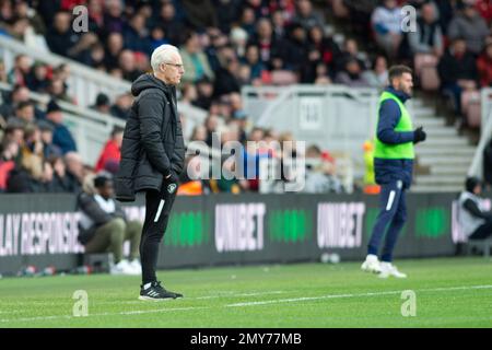 Middlesbrough, Regno Unito. 4th Feb 2023. Il manager di Blackpool Mick McCarthy durante la partita del campionato Sky Bet tra Middlesbrough e Blackpool al Riverside Stadium di Middlesbrough sabato 4th febbraio 2023. (Foto: Trevor Wilkinson | NOTIZIE MI) Credit: NOTIZIE MI & Sport /Alamy Live News Foto Stock