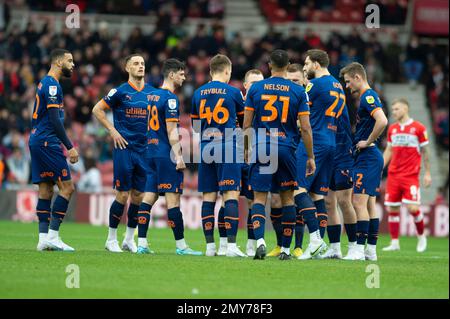 Middlesbrough, Regno Unito. 4th Feb 2023. Giocatore di Blackpool prima del calcio d'inizio alla partita del campionato Sky Bet tra Middlesbrough e Blackpool al Riverside Stadium, Middlesbrough sabato 4th febbraio 2023. (Foto: Trevor Wilkinson | NOTIZIE MI) Credit: NOTIZIE MI & Sport /Alamy Live News Foto Stock