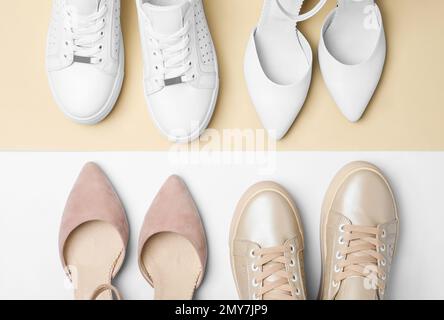 Scarpe e sneaker eleganti da donna su sfondo colorato, a posa piatta Foto Stock