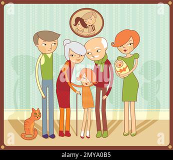 Famiglia insieme. Un gruppo di persone in posa per la foto di famiglia. Padre, madre, figlia, figlio bambino, nonni, cat Illustrazione Vettoriale