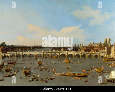 Westminster Bridge, con la processione del Signore Sindaco sul Tamigi. Canaletto. 1747 Foto Stock