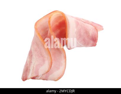 Fette fresche di pancetta cruda su sfondo bianco Foto Stock