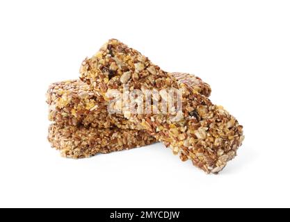 Barrette di granola croccanti su fondo bianco. Snack sano Foto Stock