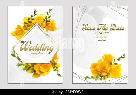 Bello invito di nozze e salvare la data con disegno floreale su sfondo chiaro, vista dall'alto Foto Stock