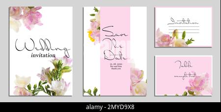 Splendidi inviti e biglietti per matrimoni con design floreale su sfondo chiaro, vista dall'alto Foto Stock