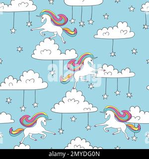 Modello senza cuciture con simpatici unicorni, nuvole e stelle. Sfondo del vettore magico. Illustrazione Vettoriale