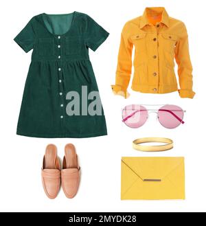 Outfit elegante. Collage con abito, giacca, scarpe e accessori per donna su sfondo bianco Foto Stock