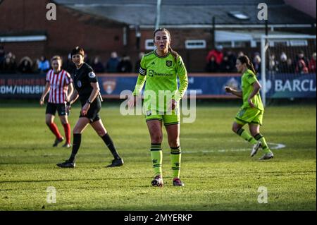 Il capitano del Manchester United Katie Zelem in azione contro le donne Sunderland nella fa Cup. Foto Stock