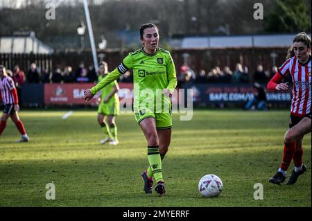 Il capitano del Manchester United Katie Zelem in azione contro le donne Sunderland nella fa Cup. Foto Stock