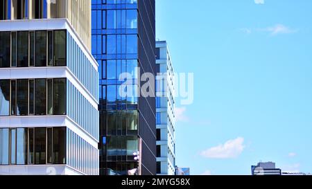 Facciata in vetro minimalista, struttura in acciaio che sostiene i grandi pannelli trasparenti. Architettura commerciale contemporanea, verticale convergente geometrico Foto Stock