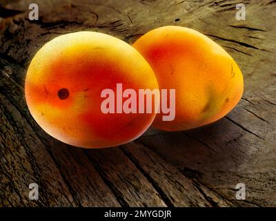 Illustrazione digitale - due freschi mango deliziosi su una superficie di legno. Foto Stock