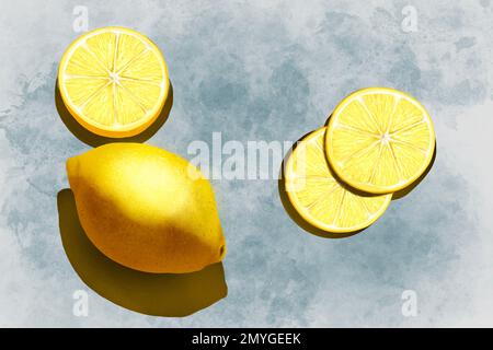 Illustrazione digitale - un limone giallo fresco e alcune fette di limone su una superficie di marmo. Foto Stock